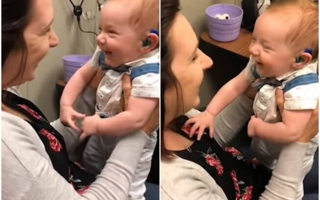 Bebê testa aparelho auditivo pela primeira vez e tem reação emocionante ao ouvir a voz da mãe