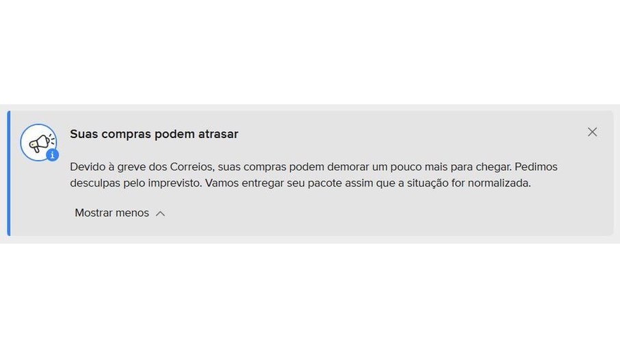 Mensagem enviada pelo Mercado Livre aos clientes sobre possíveis atrasos nas entregas devido à greve dos Correios Mensagem enviada pelo Mercado Livre aos clientes sobre possíveis atrasos nas entregas devido à greve dos Correios