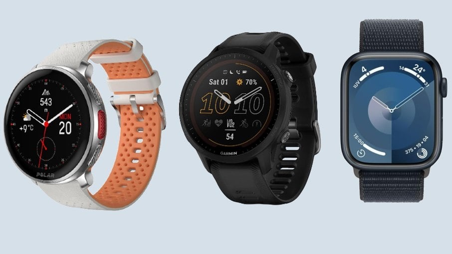 Smartwatches Polar Vantage V3, Garmin 955 e Apple Watch Series 9