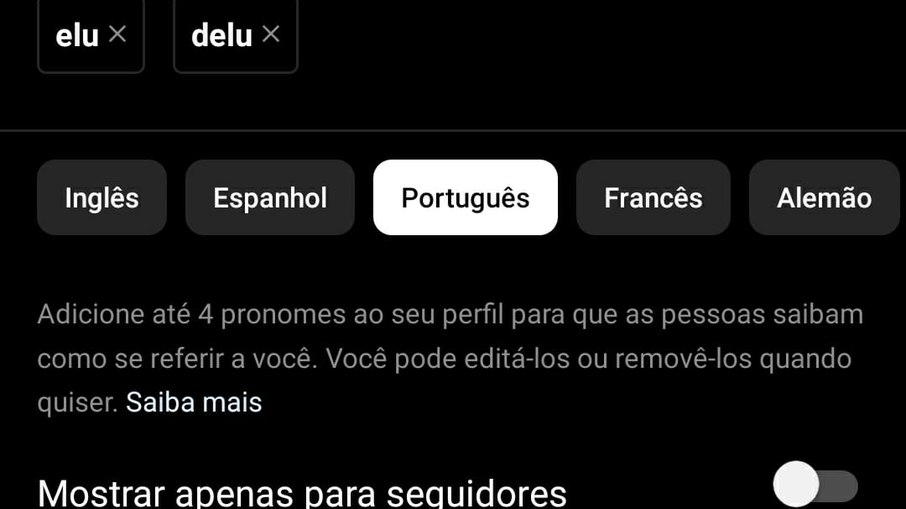 Área de configuração dos pronomes no aplicativo do Instagram.