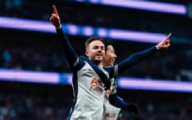 Maddison celebra o gol que deu a vitória ao Tottenham sobre o Manchester United neste domingo Maddison celebra o gol que deu a vitória ao Tottenham sobre o Manchester United neste domingo