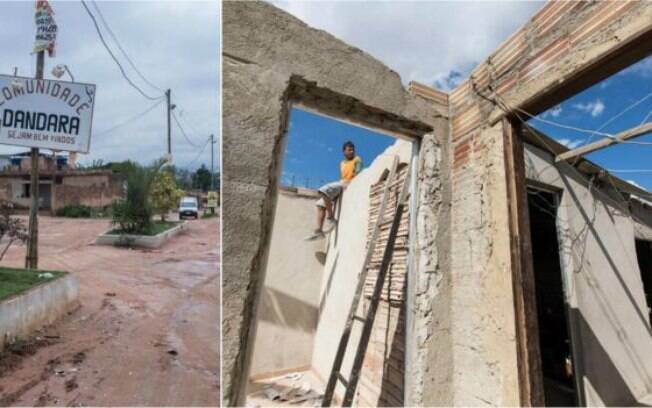 Entrada da área da ocupação e casa em obras na região; maioria das casas de alvenaria foi erguida em processo de mutirão