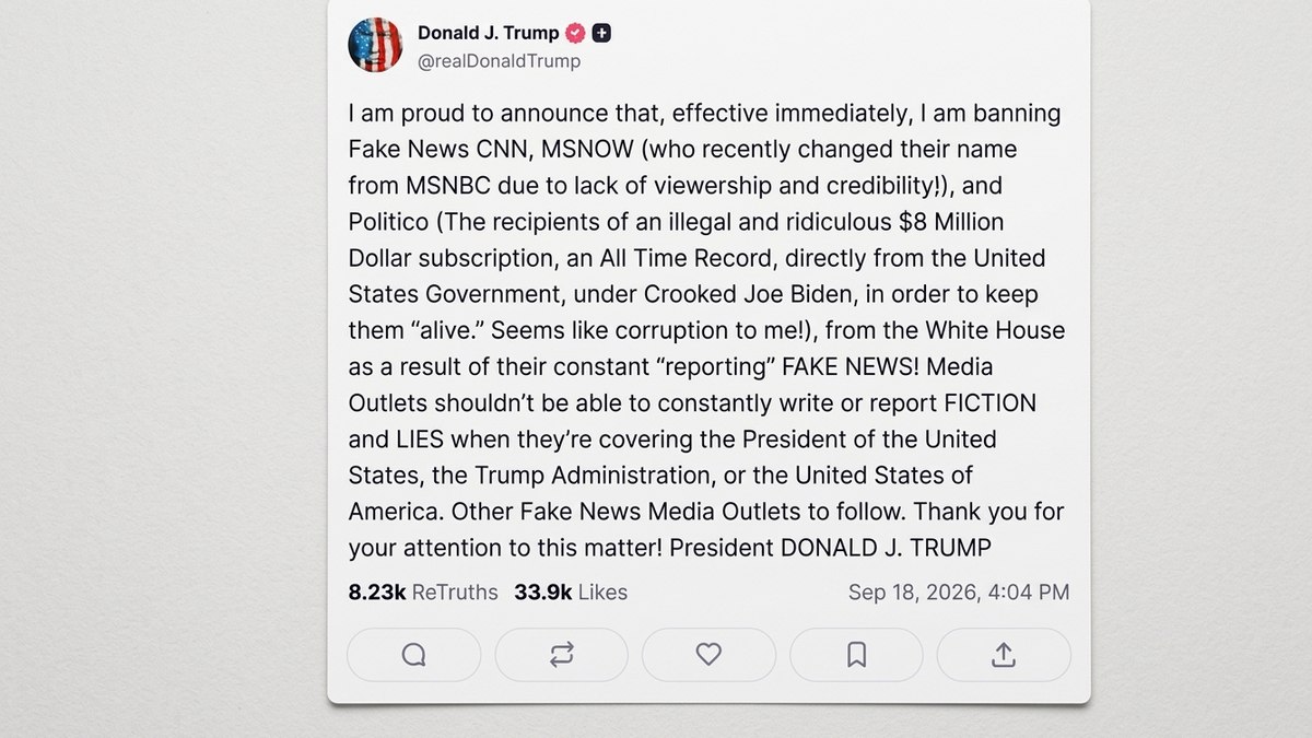 Decisão foi publicada na Truth Social, rede social em que o presidente é acionista Decisão foi publicada na Truth Social, rede social em que o presidente é acionista