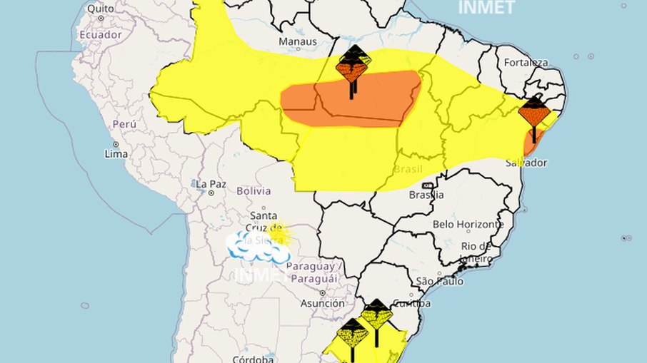 Alertas laranja e amarelo em regiões brasileiras feitos pelo Inmet