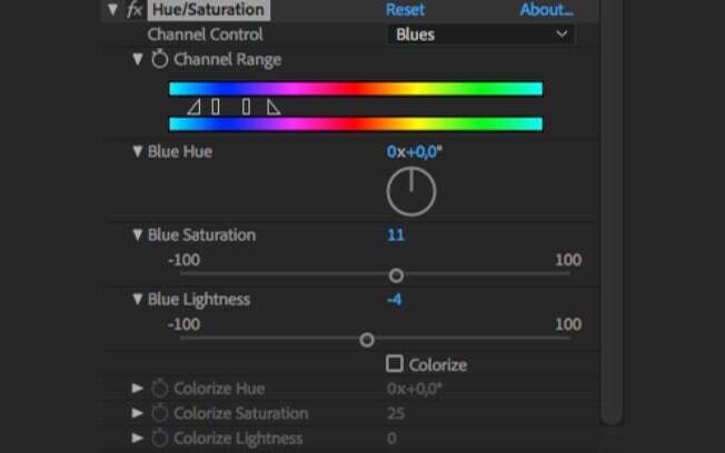 O efeito Hue/Saturation permite que o usuário corrija (ou altere) as cores do seu vídeo durante o processo de edição. 