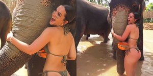 Mel Maia posa com elefantes durante viagem pela Tailândia