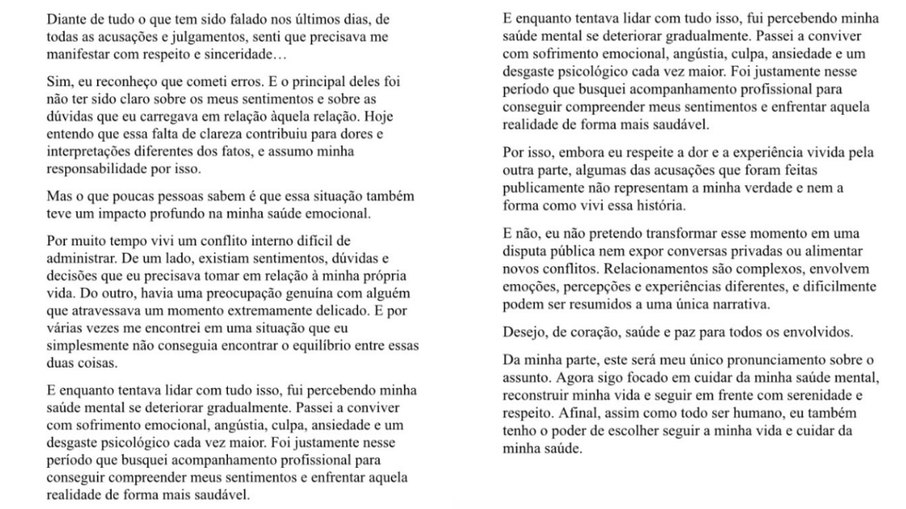Guilherme Vieira posta pronunciamento nas redes sociais