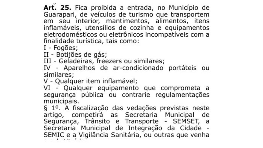 Trecho do decreto da Prefeitura de Guarapari Trecho do decreto da Prefeitura de Guarapari