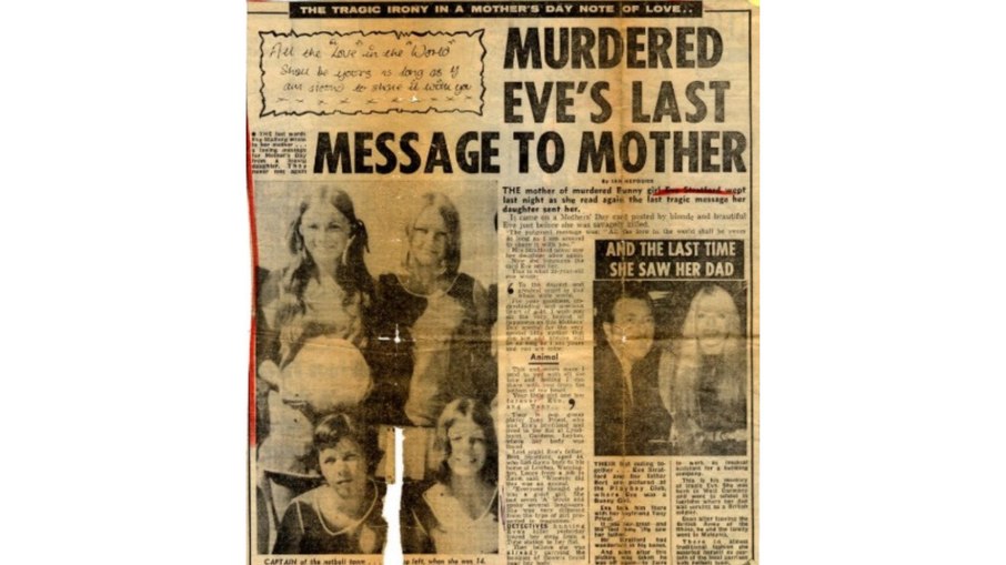 Uma cópia das páginas do jornal The Sun de 1975, noticiando o assassinato de Eve.
