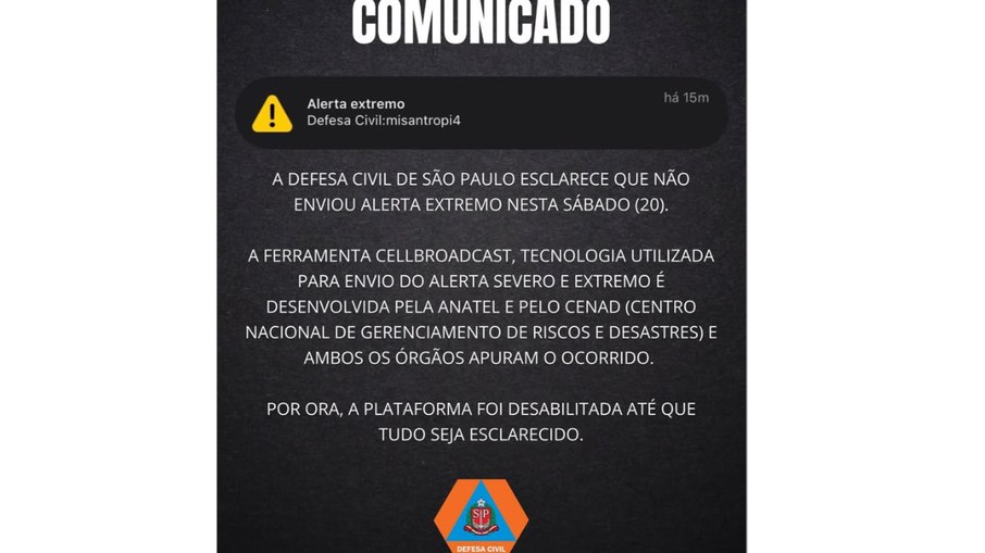 Defesa Civil de São Paulo nega envio de alerta de 