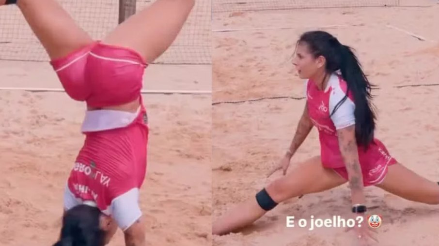 Ana Castela surpreende fãs ao dar mortal e espacate em treino de futevôlei.