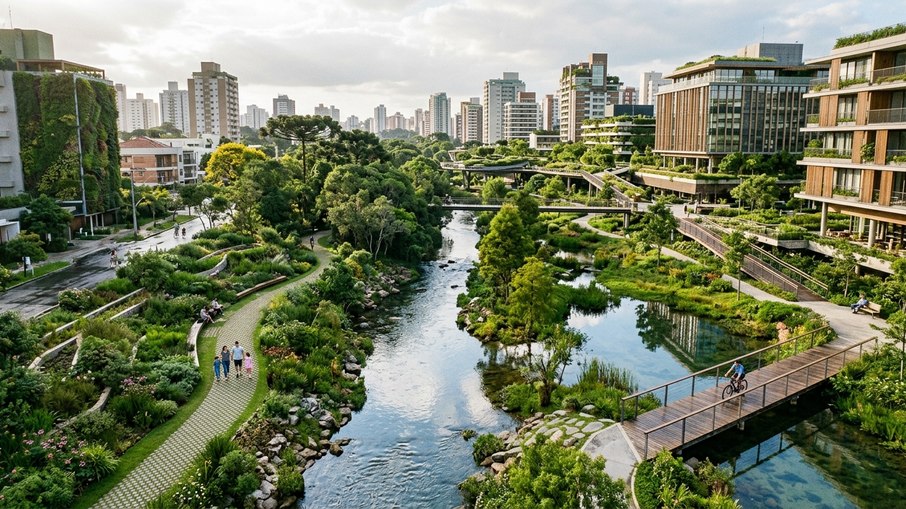 infraestruturas verdes, caminhos permeáveis, jardins de chuva e corpos d'água integrados ao espaço urbano evitam enchentes