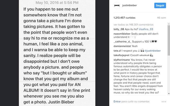 Justin Bieber já desabafou sobre sentir falta de reconhecimento enquanto humano em seu Instagram