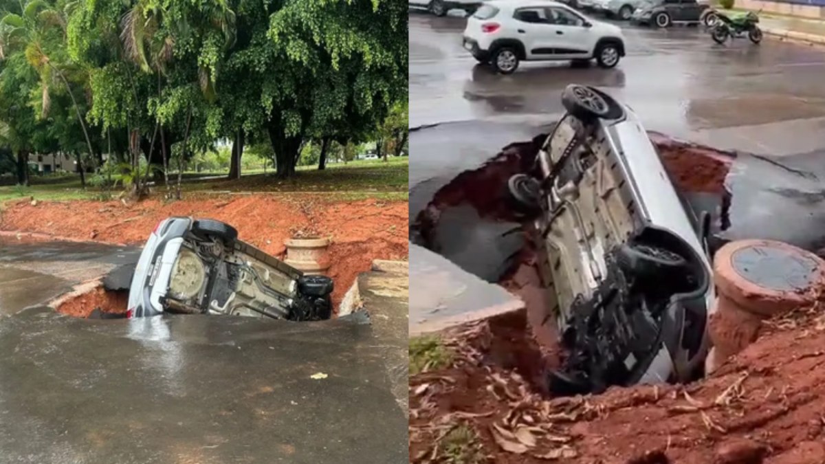 Carro foi engolido por buraco em Brasília