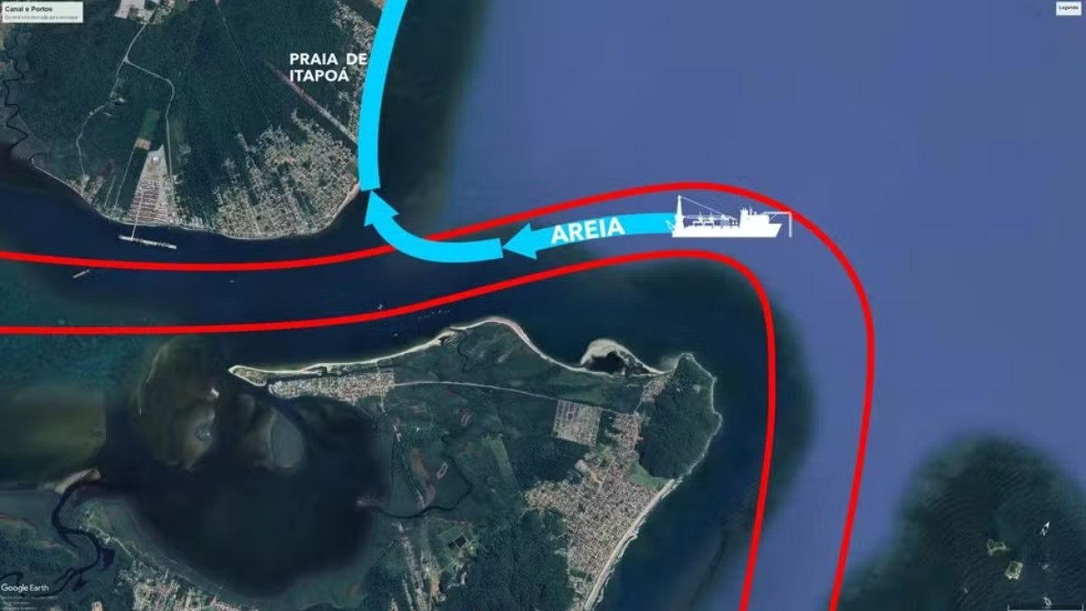 Imagem mostra como funcionou a dragagem e a ampliação da faixa de areia na Baía da Babitonga