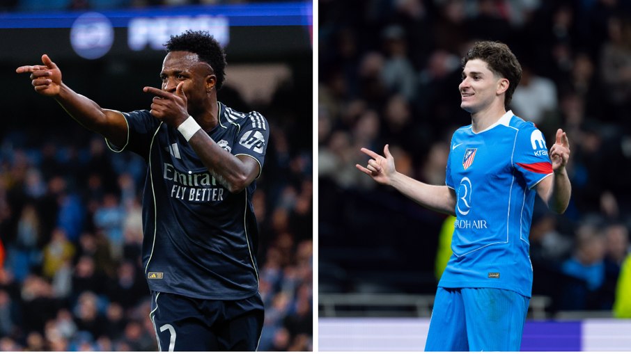 Vini Jr busca gol pelo Real no clássico contra o Atlético de Julián Alvarez