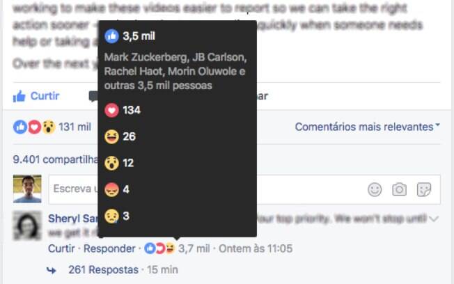 Com atualização, usuários do Facebook poderão visualizar quais as reações mais comuns para cada comentários