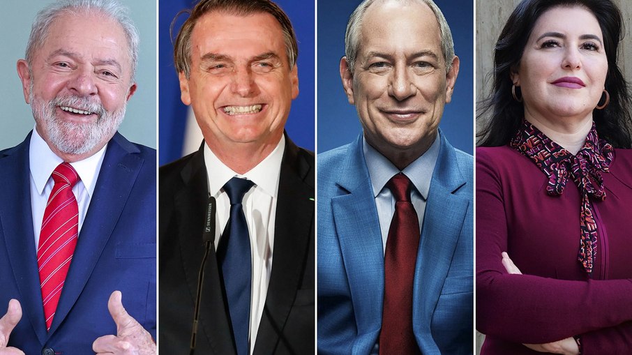 Os candidatos à Presidência da República (da esquerda para direita): Lula (PT), Bolsonaro (PL), Ciro Gomes (PDT) e Simone Tebet (MDB)