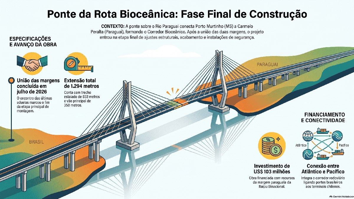 Infográfico resume os principais dados da ponte entre Porto Murtinho (MS) e Carmelo Peralta (Paraguai), que está na fase final de obras Infográfico resume os principais dados da ponte entre Porto Murtinho (MS) e Carmelo Peralta (Paraguai), que está na fase final de obras