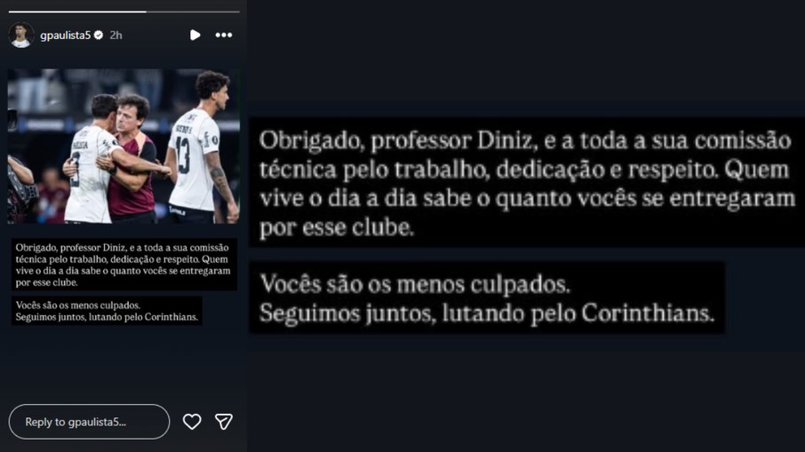 Story de Gabriel Paulista sobre a demissão de Fernando Diniz