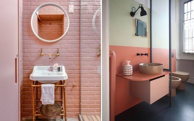 Cores do momento, como o rosa millennial (à esquerda) ou outras do gosto do morador podem, sim, ser usadas no banheiro
