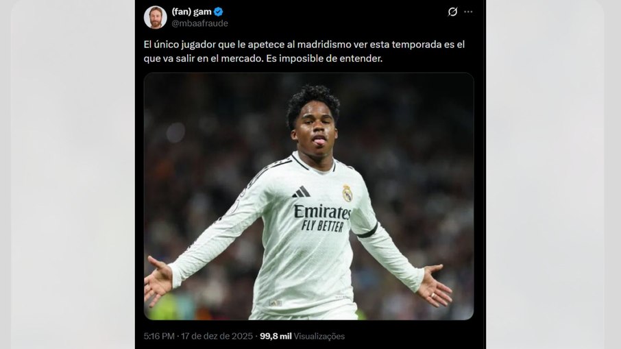 Endrick elogiado na rede social X