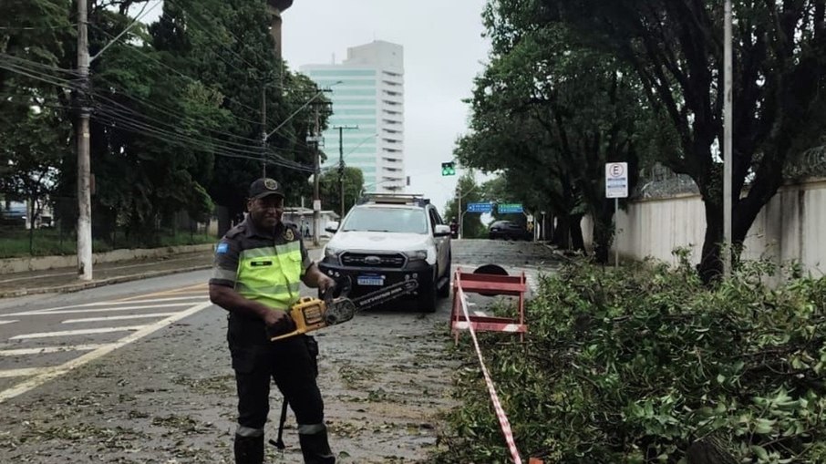 Agente utiliza motoserra durante atendimento em Jundiaí