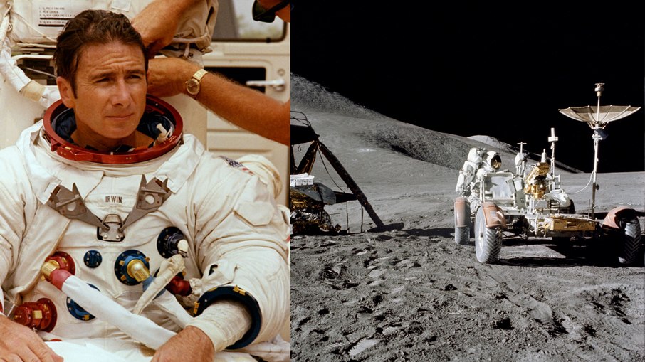 James Irwin, piloto do módulo lunar da Apollo 15, durante a preparação para a missão e nas explorações em Hadley Rille, uma das fases mais intensas e científicas da presença humana na Lua.