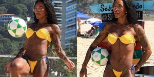 No clima da Copa, Patrícia Ramos joga altinha de biquíni no Rio