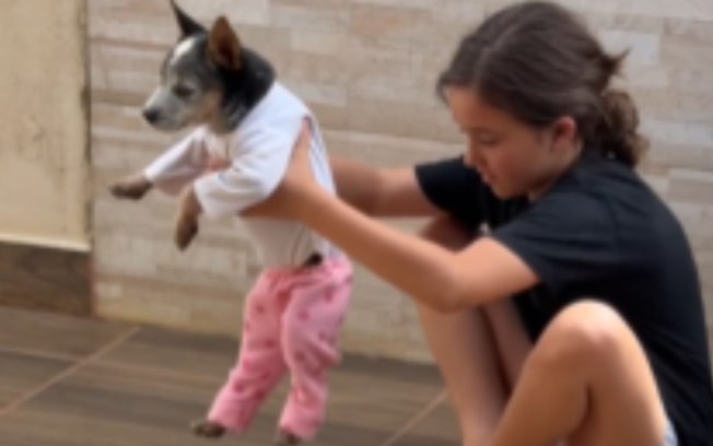 Cachorrinho esbanja paciência ao ser vestido com roupas de bebê 44kd0e77knoskqzkw46d2kvv4