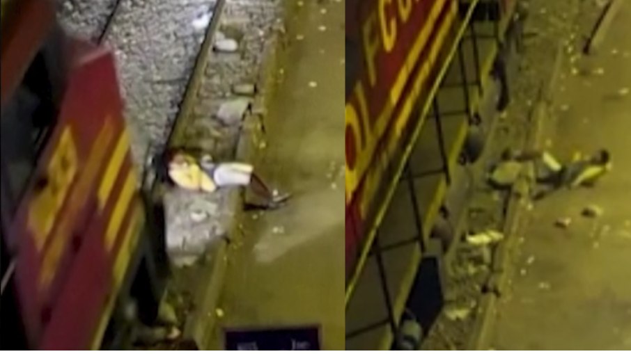 Momento em que trem passa perto de um homem, no Peru Momento em que trem passa perto de um homem, no Peru