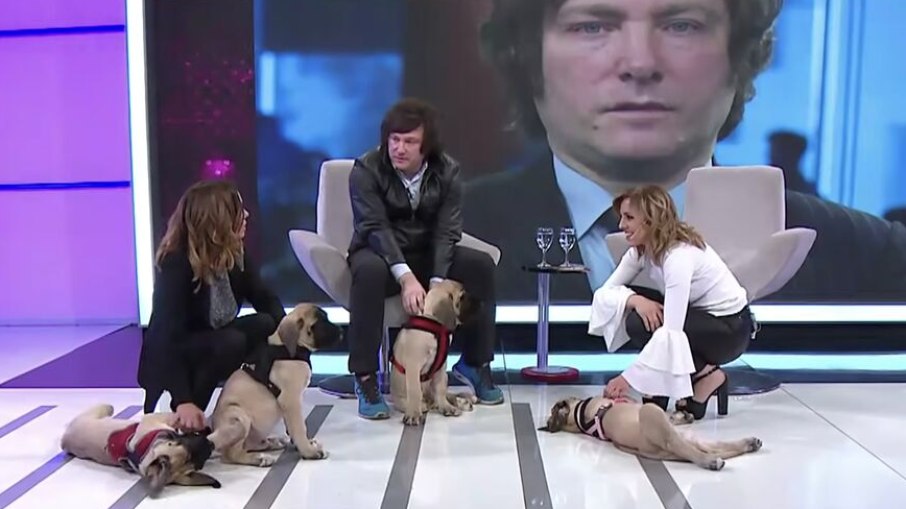 Javier Milei mostra seus cachorros clonados