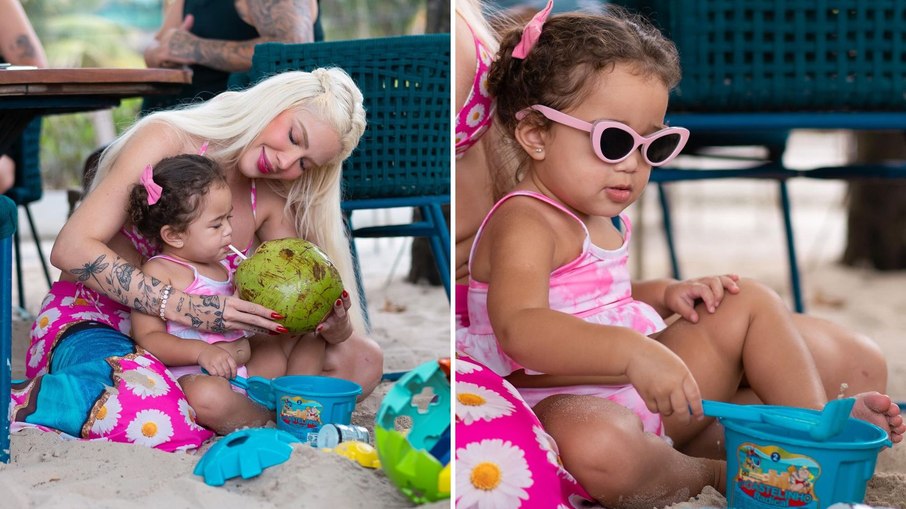 Karoline Lima combina look 'barbiecore' com a filha em praia do Rio de Janeiro