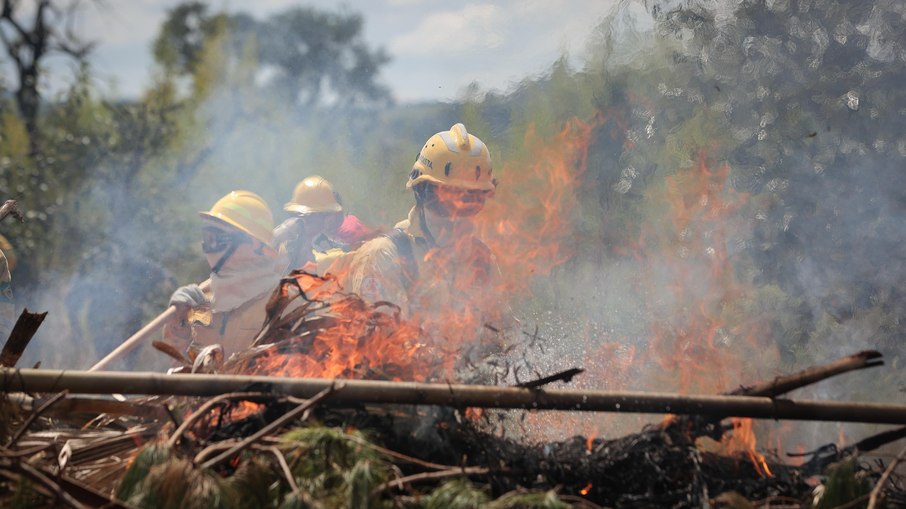 Treinamento de combate a incêndios realizado pela Defesa Civil e bombeiros em Franco da Rocha, região metropolitana de São Paulo, em 2 de abril.