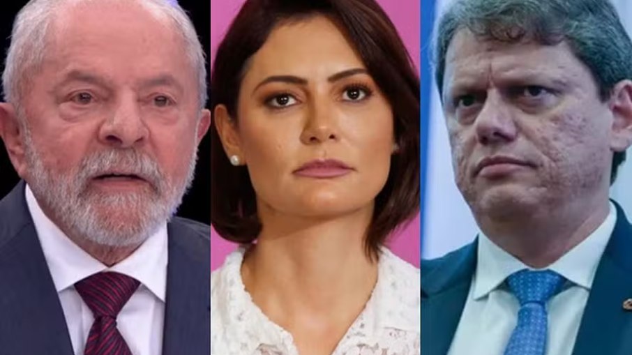 O presidente Lula, Michelle Bolsonado, ex-primeira-dama, e o governador de São Paulo, Tarcísio de Freitas