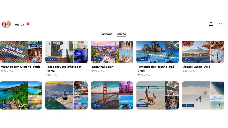 Publicações no Pinterest da Aeriva com a logomarca da Hurb