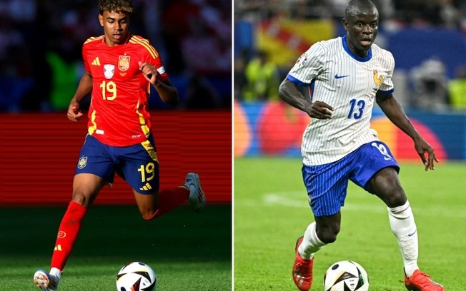 O atacante espanhol Lamine Yamal (esq.), no jogo da fase de grupos da Eurocopa contra a Croácia no Olympiastadion de Berlim em 15 de junho, e o meia francês N'Golo Kante no jogo das quartas de final contra Portugal no Volksparkstadion em Hamburgo em 5 de julho de 2024