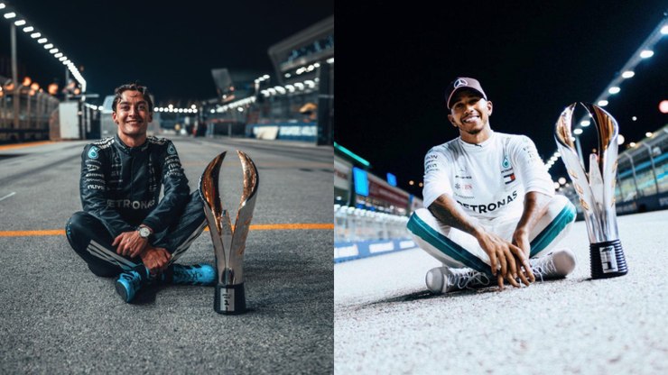 Russell recria foto icônica de Lewis Hamilton, que responde