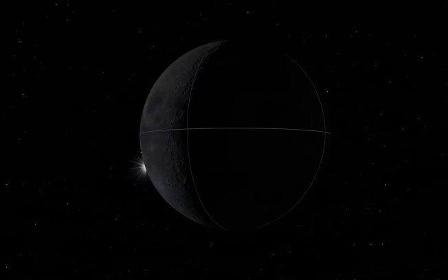 Simulação da NASA mostra o momento em que o Sol reaparece por trás da Lua, vista da cápsula Orion durante o eclipse observado pela missão Artemis II