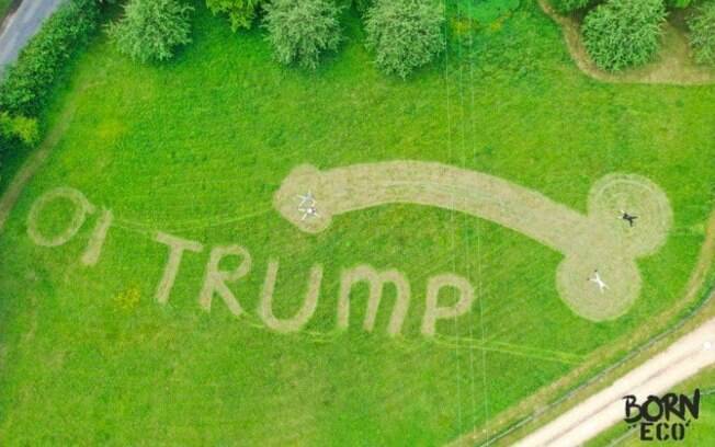 Trump é recebido na Inglaterra com pênis gigante desenhado em gramado