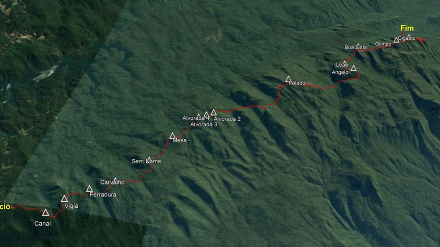 A travessia Alfa Ômega projetada nas imagens de satélite do Google Earth