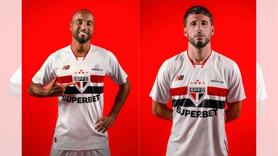 Lucas e Jonathan Calleri com o novo uniforme do São Paulo