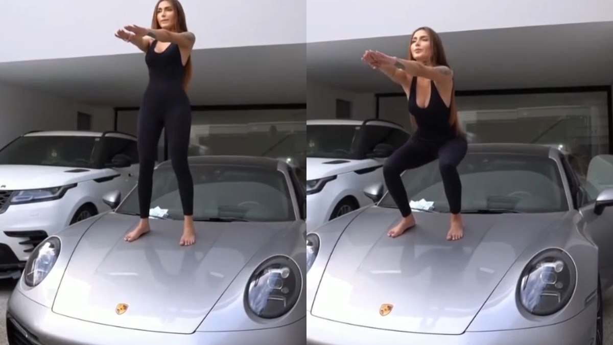 Fernanda Campos praticando agachamento sobre o Porsche 911 Fernanda Campos praticando agachamento sobre o Porsche 911