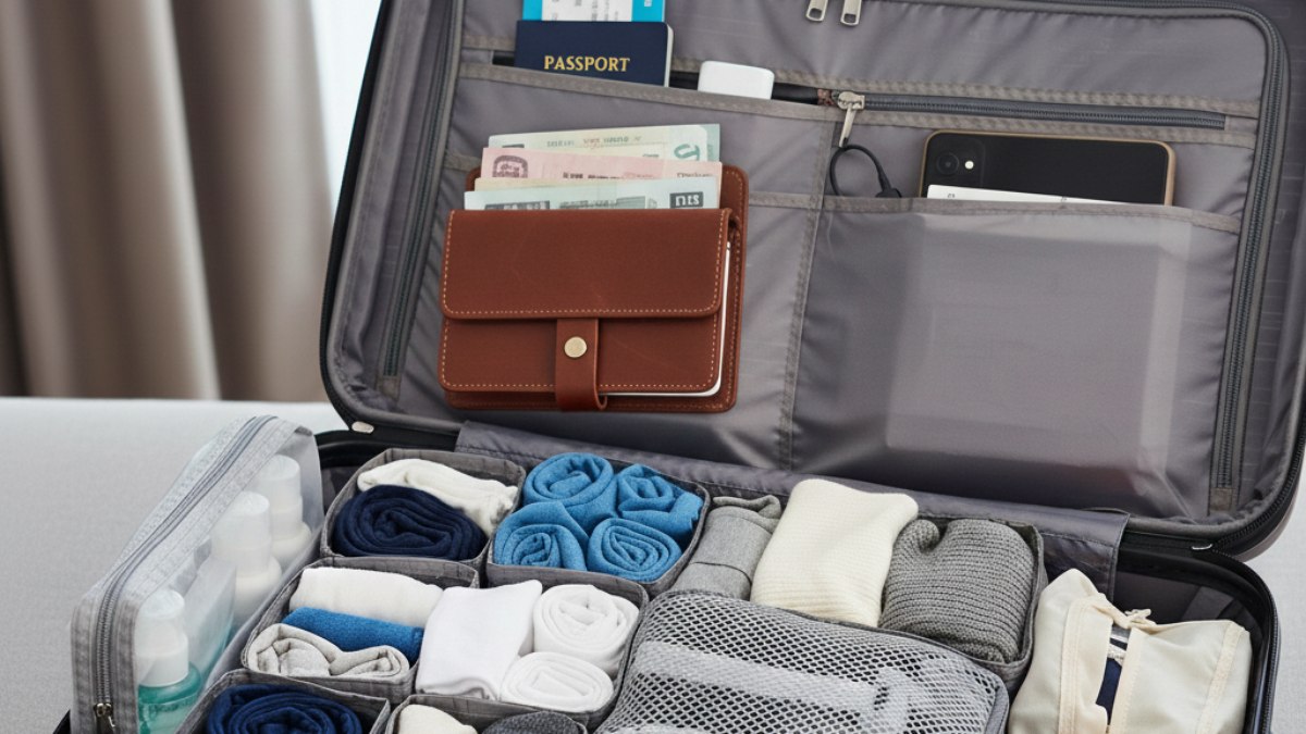 Mala organizada com nichos e packs