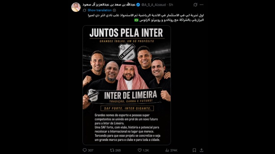 Anúncio da compra da Inter de Limeira, feita pelo príncipe nas redes sociais