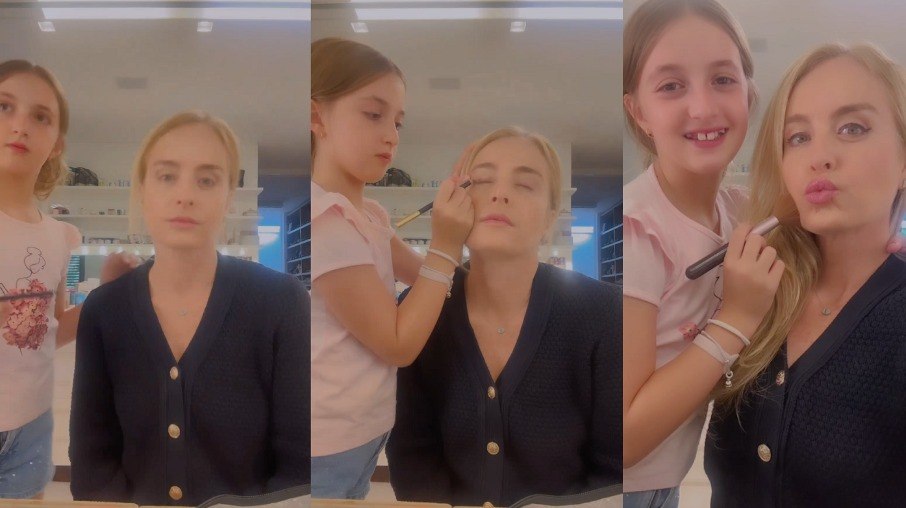 Angelica é maquiada pela filha Eva, de 10 anos