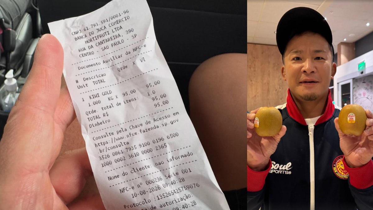 Nota fiscal mostrando pagamento de R$ 95 pelos dois kiwis da imagem. Nota fiscal mostrando pagamento de R$ 95 pelos dois kiwis da imagem.
