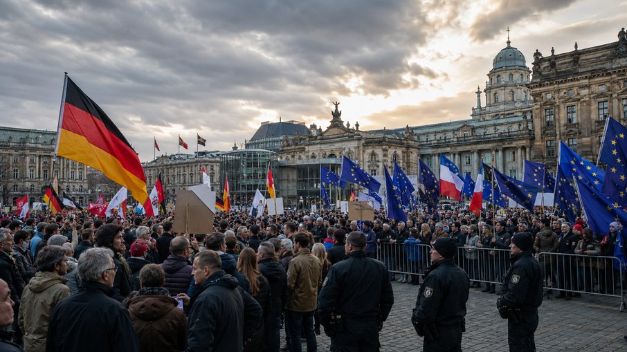 Protestos e bandeiras em praça histórica Protestos e bandeiras em praça histórica