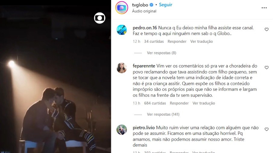 Postagem sobre a cena da novela no perfil oficial da TV Globo, no Instagram