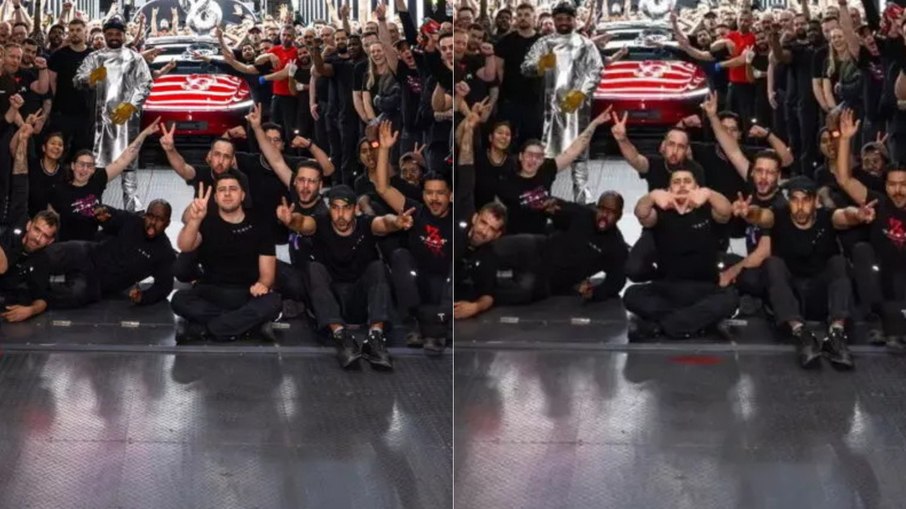 Confira as diferenças em fotos editadas por gesto polêmico na fábrica da Tesla na Alemanha Confira as diferenças em fotos editadas por gesto polêmico na fábrica da Tesla na Alemanha